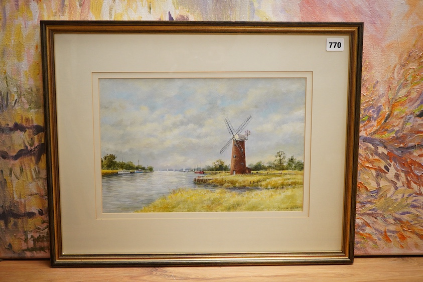 Derek Eastoe, Windmill Norfolk, signed, acrylic on paper, 24 x 36cm